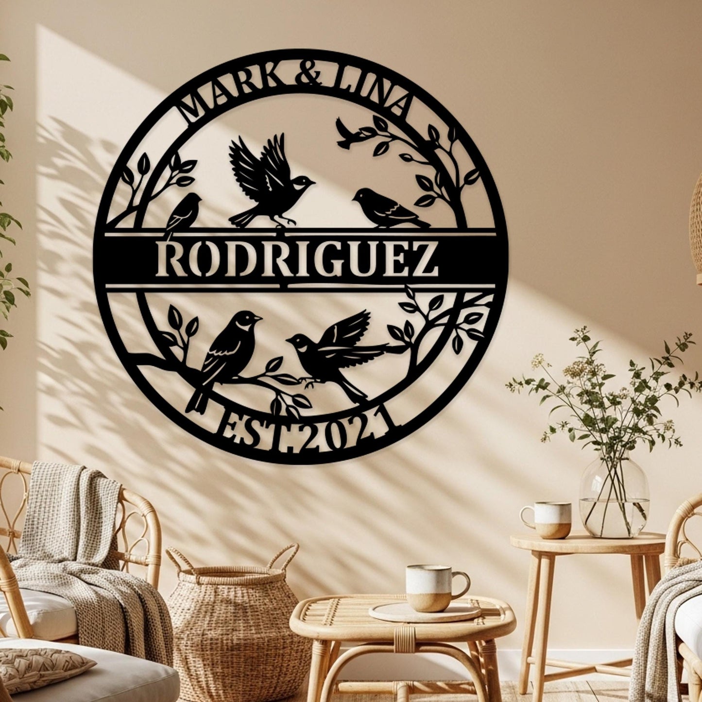 Custom Songbird Family Metal Sign, Personalized Branch Wall Art, Nature-Inspired Decor, Bird Family Outdoor Wall Art, Cozy Gift for Couples