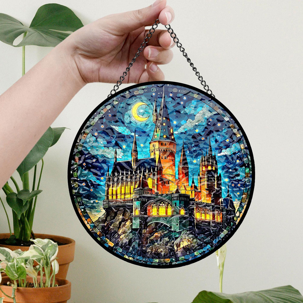 Magical Castle Glass Window Art, Fantasy Window Hanging Reader Fandom Gift