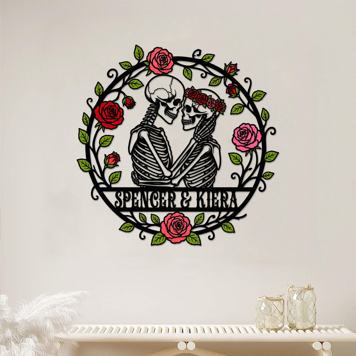 Personalized Skeleton Lovers Metal Sign, Custom Gothic Skull Couple Wall Decor, Spooky Anniversary Gift, Halloween Wedding Sign