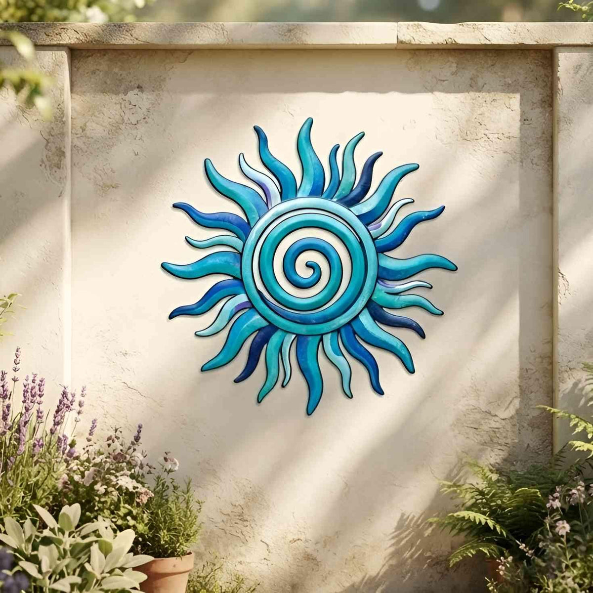 Blue Spiral Sun Metal Wall Art, Outdoor Patio Wall Sign, Coastal Sunburst Garden Decor, ,Boho Coastal Home Garden Wall Accent