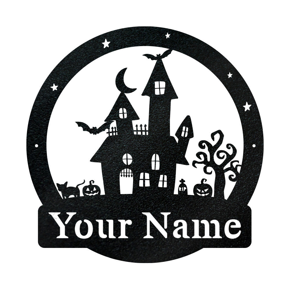 Personalized Halloween Haunted Castle Metal Sign, Spooky Monogram