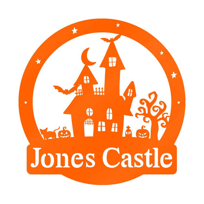 Personalized Halloween Haunted Castle Metal Sign, Spooky Monogram