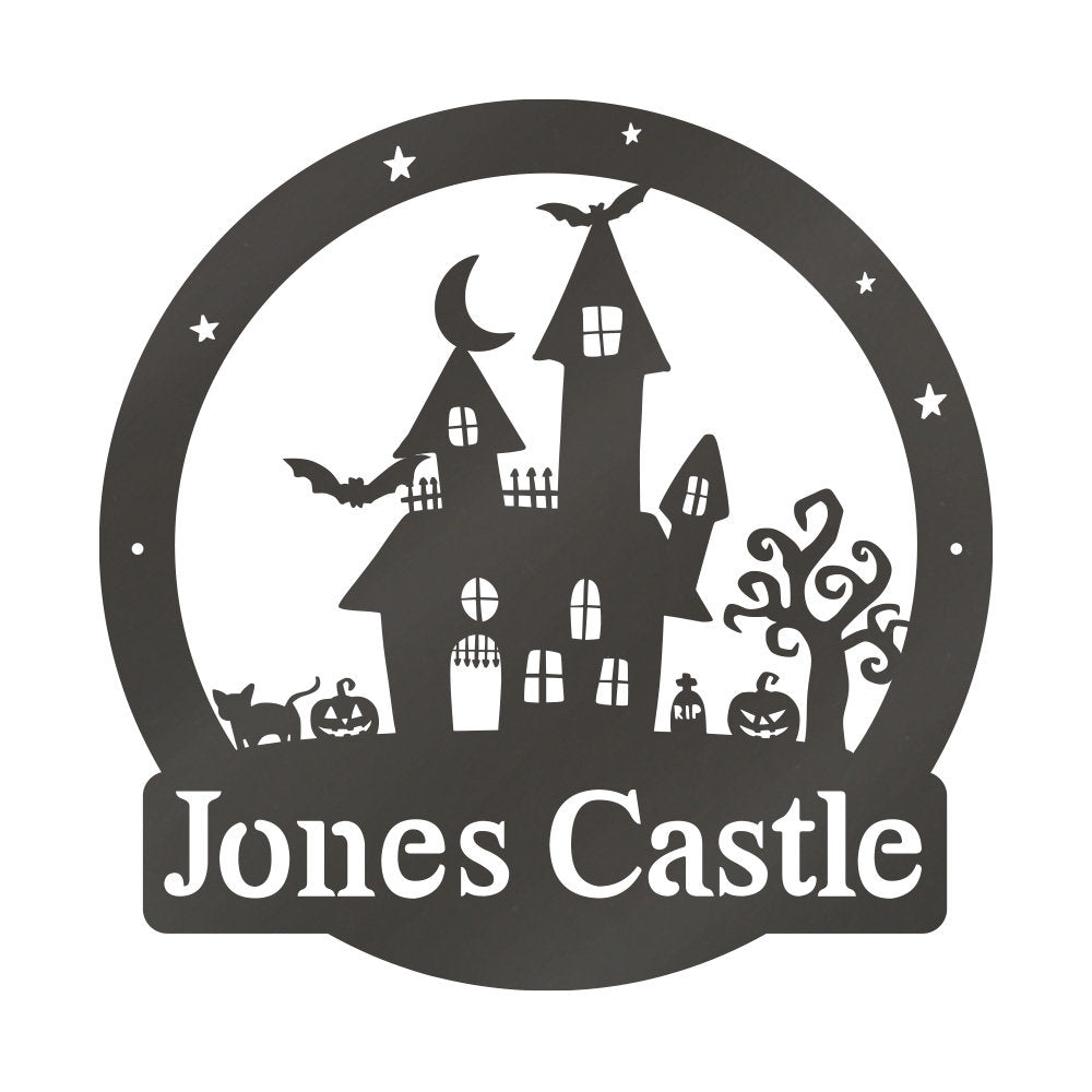 Personalized Halloween Haunted Castle Metal Sign, Spooky Monogram