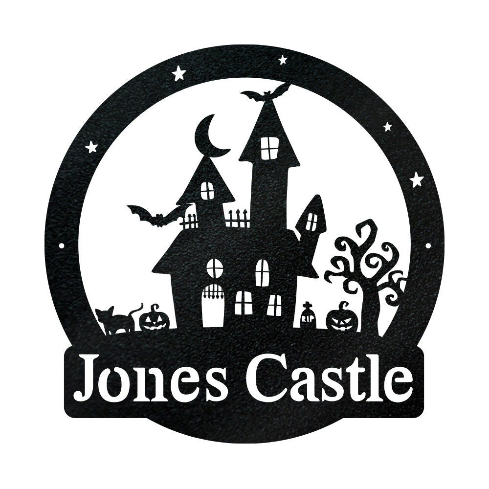 Personalized Halloween Haunted Castle Metal Sign, Spooky Monogram