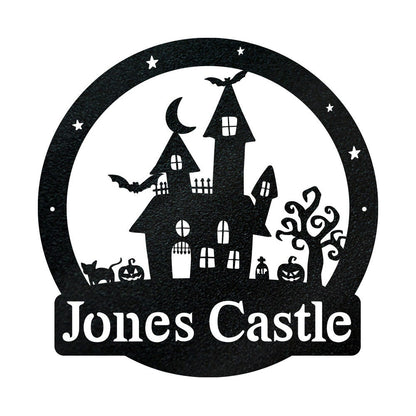 Personalized Halloween Haunted Castle Metal Sign, Spooky Monogram
