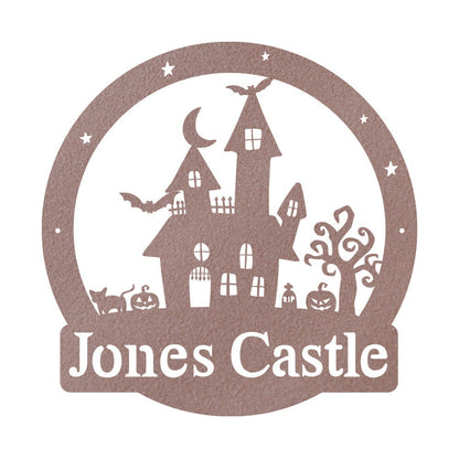 Personalized Halloween Haunted Castle Metal Sign, Spooky Monogram