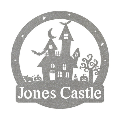 Personalized Halloween Haunted Castle Metal Sign, Spooky Monogram