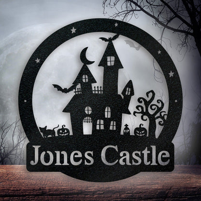 Personalized Halloween Haunted Castle Metal Sign, Spooky Monogram