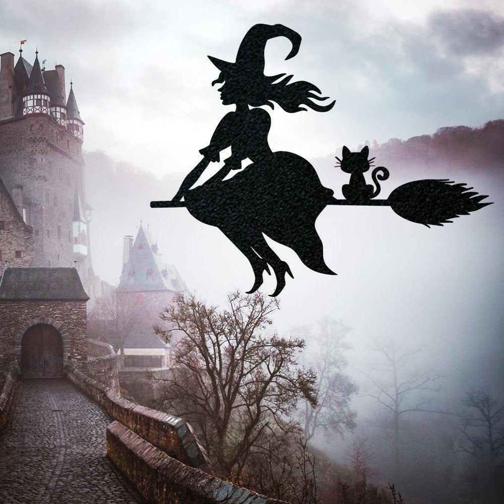Witch on her Flying Broom, Metal Sign, Haunted House Sign, Scary Sign, Spooky Sign, Halloween Flying Witch
