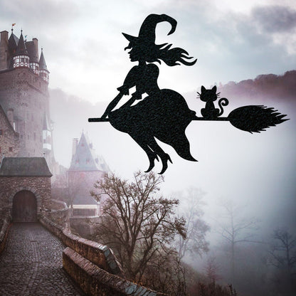 Witch on her Flying Broom, Metal Sign, Haunted House Sign, Scary Sign, Spooky Sign, Halloween Flying Witch
