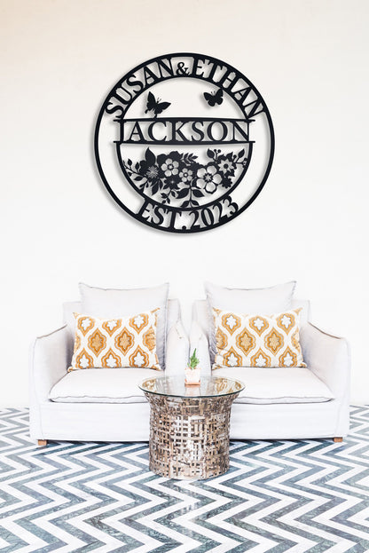 Personalized Family Name Metal Sign, Floral Wedding Decor
