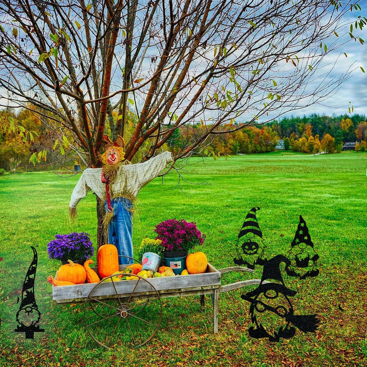 Gnome Fall Halloween Set of 4 Yard Stakes - 4 Gnomes Autumn Set - Metal Yard Art - Fantasy - Laser Cut Metal Yard Art