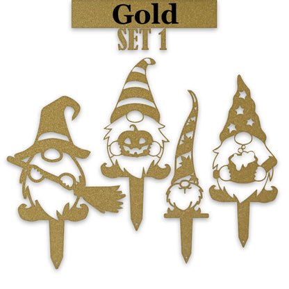 Gnome Fall Halloween Set of 4 Yard Stakes - 4 Gnomes Autumn Set - Metal Yard Art - Fantasy - Laser Cut Metal Yard Art