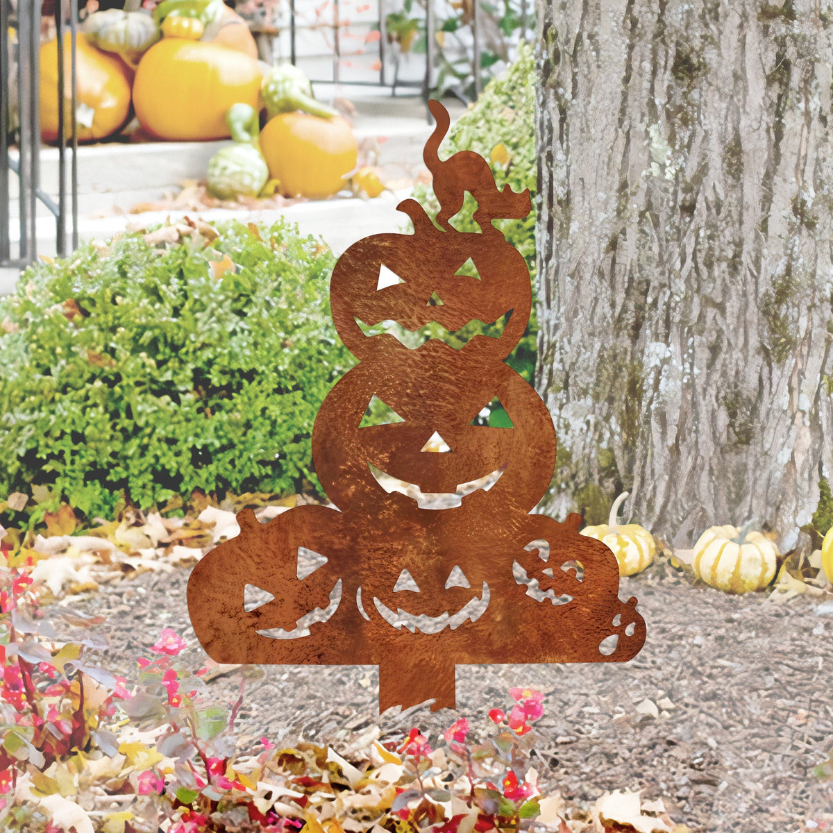 Rustic Metal Halloween Cat & Pumpkin Garden Stake