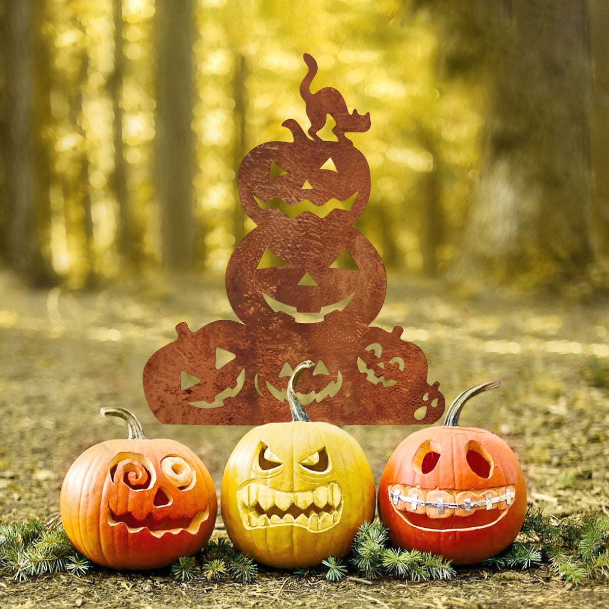 Rustic Metal Halloween Cat & Pumpkin Garden Stake