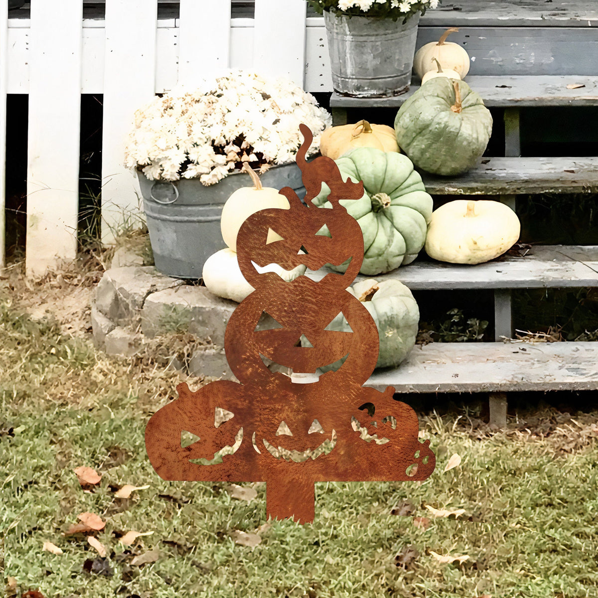 Rustic Metal Halloween Cat & Pumpkin Garden Stake