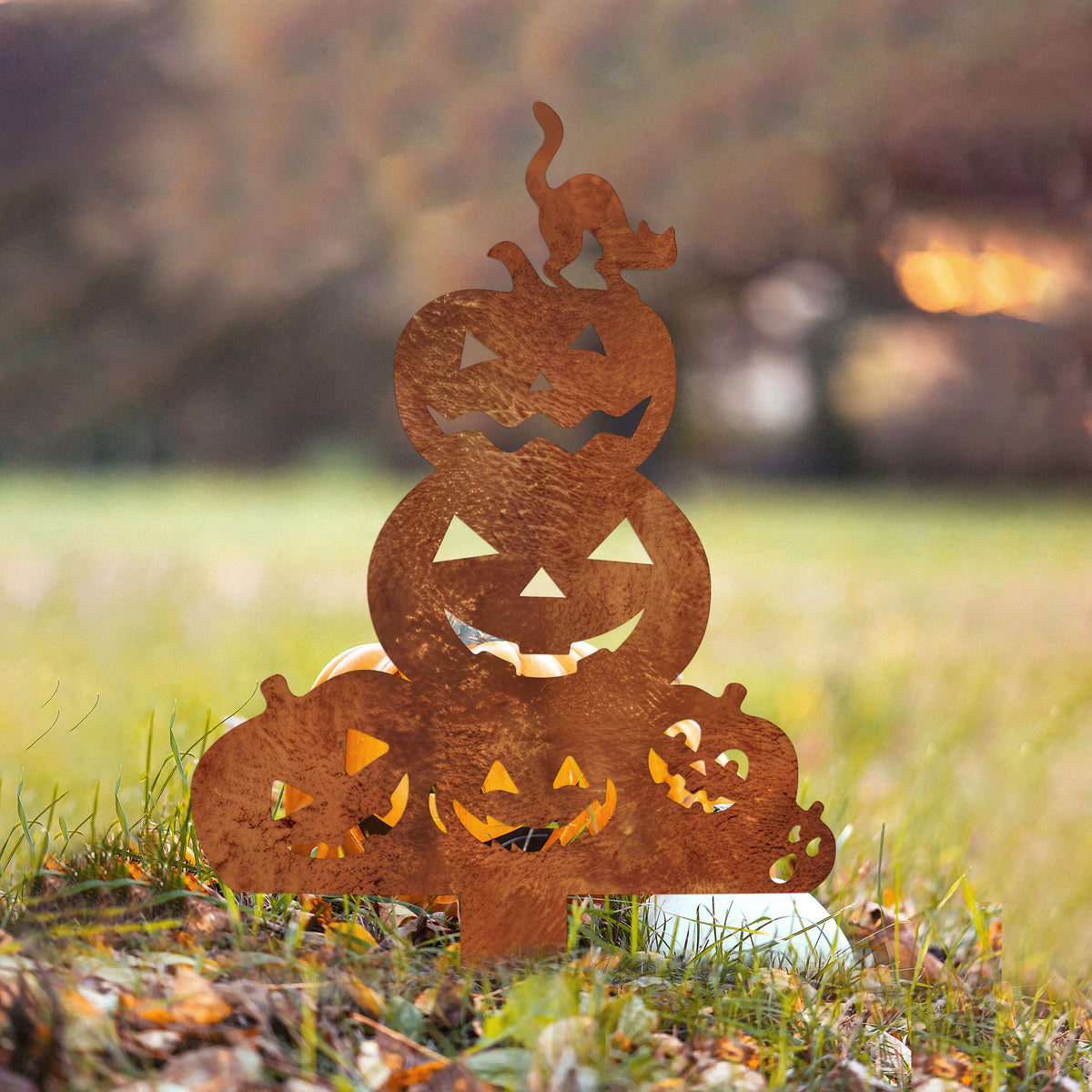 Rustic Metal Halloween Cat & Pumpkin Garden Stake