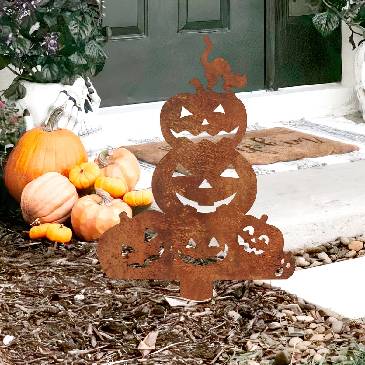 Rustic Metal Halloween Cat & Pumpkin Garden Stake