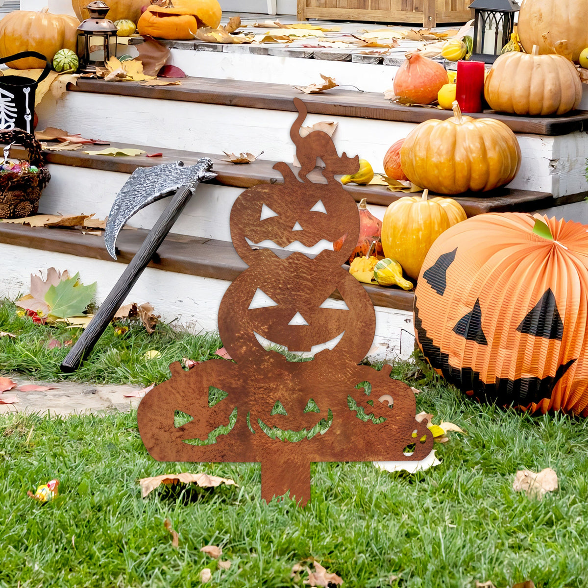 Rustic Metal Halloween Cat & Pumpkin Garden Stake