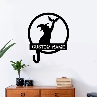 Custom Witch Cat Metal Sign with LED Light, Halloween Decor
