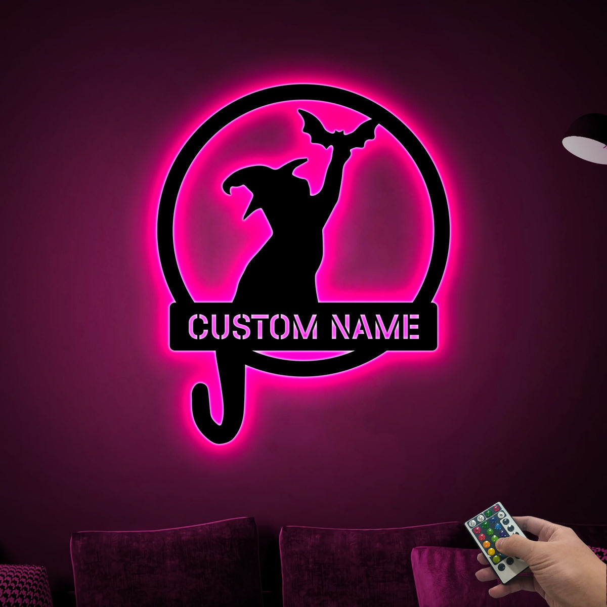 Custom Witch Cat Metal Sign with LED Light, Halloween Decor