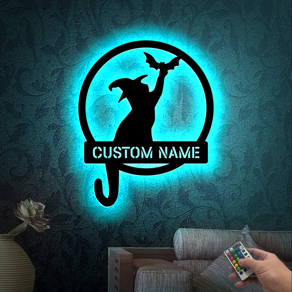 Custom Witch Cat Metal Sign with LED Light, Halloween Decor