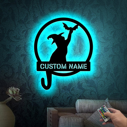 Custom Witch Cat Metal Sign with LED Light, Halloween Decor