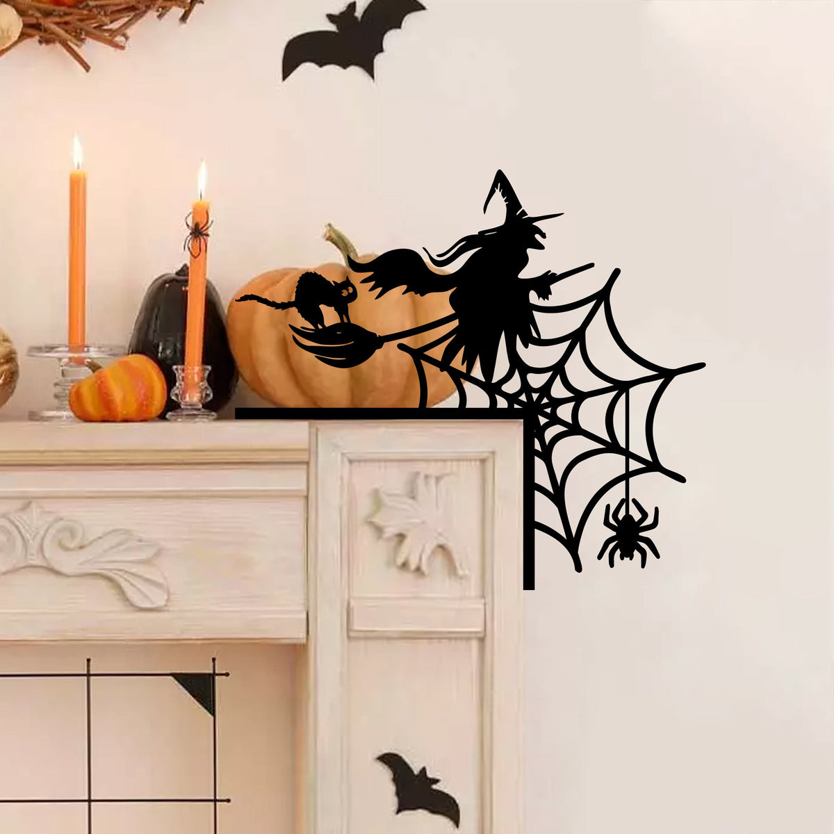 Witch Flying and Spiderweb Steel Door Corner Sign, Halloween Decor