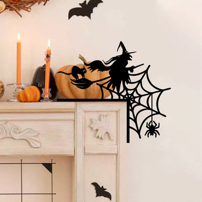 Witch Flying and Spiderweb Steel Door Corner Sign, Halloween Decor