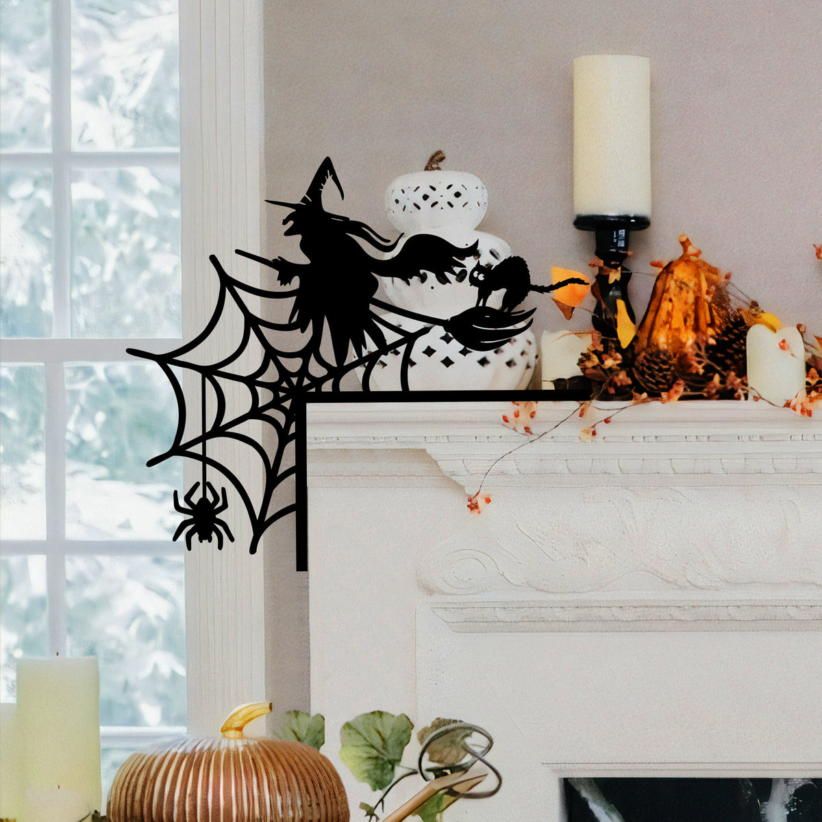 Witch Flying and Spiderweb Steel Door Corner Sign, Halloween Decor