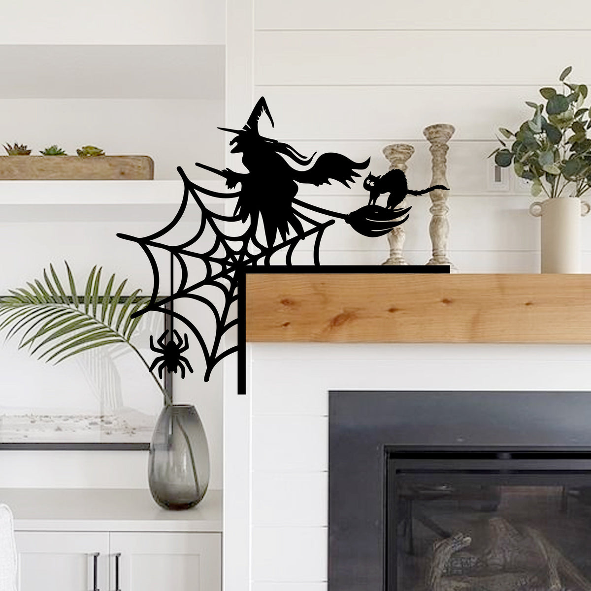 Witch Flying and Spiderweb Steel Door Corner Sign, Halloween Decor