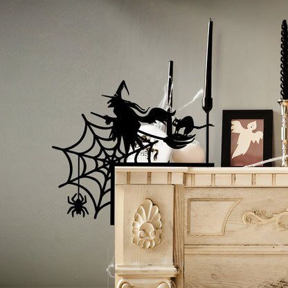 Witch Flying and Spiderweb Steel Door Corner Sign, Halloween Decor