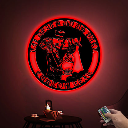 Custom Skeleton Couple Metal Wall Art, LED Light Sign