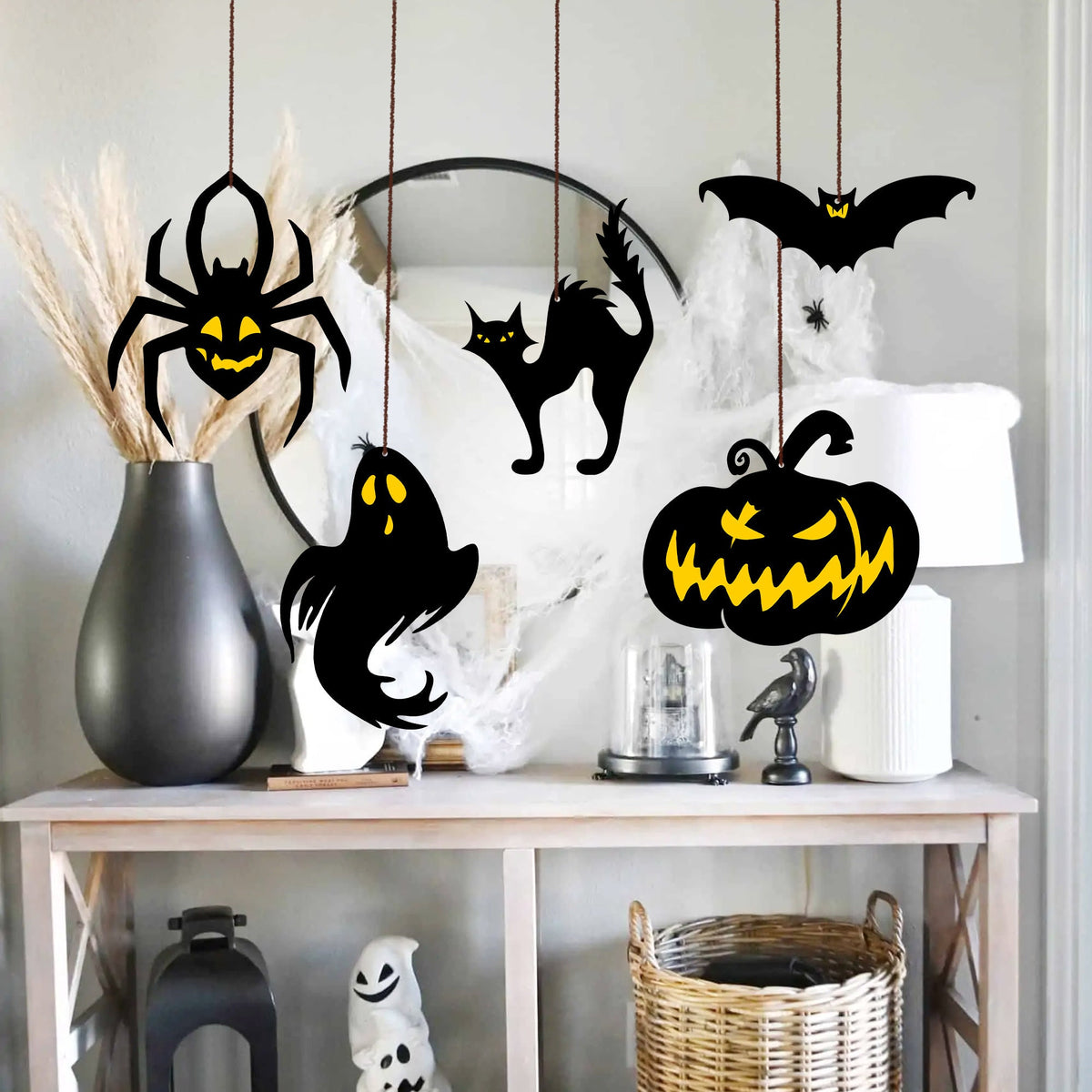 Halloween Hanging Ornaments, Spooky Polywood Decor, Set of 5