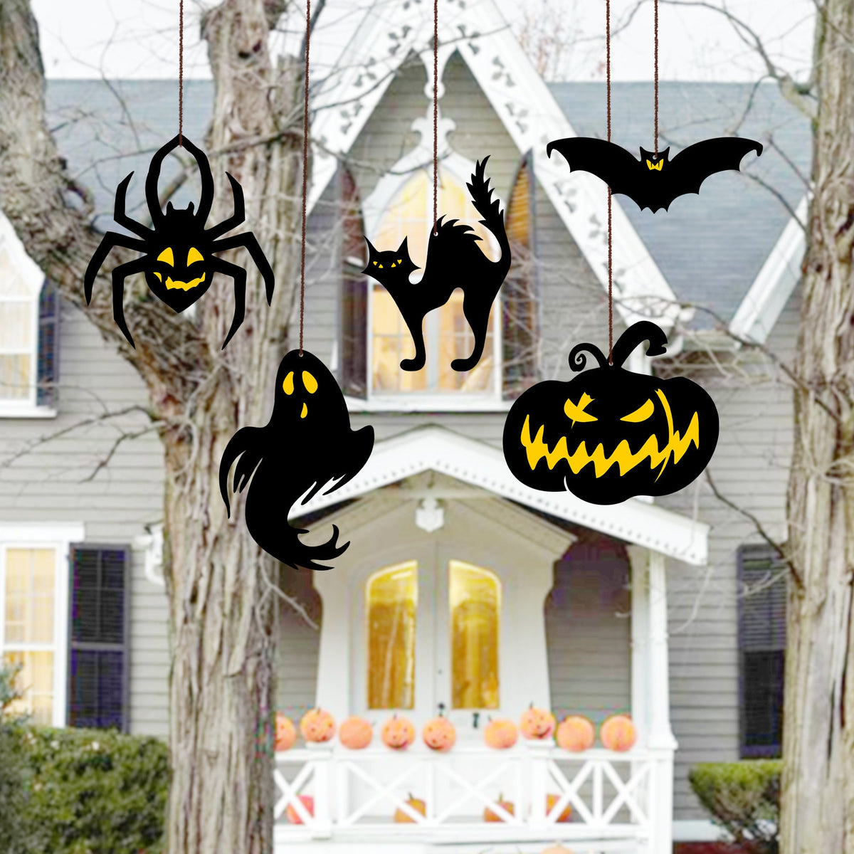 Halloween Hanging Ornaments, Spooky Polywood Decor, Set of 5