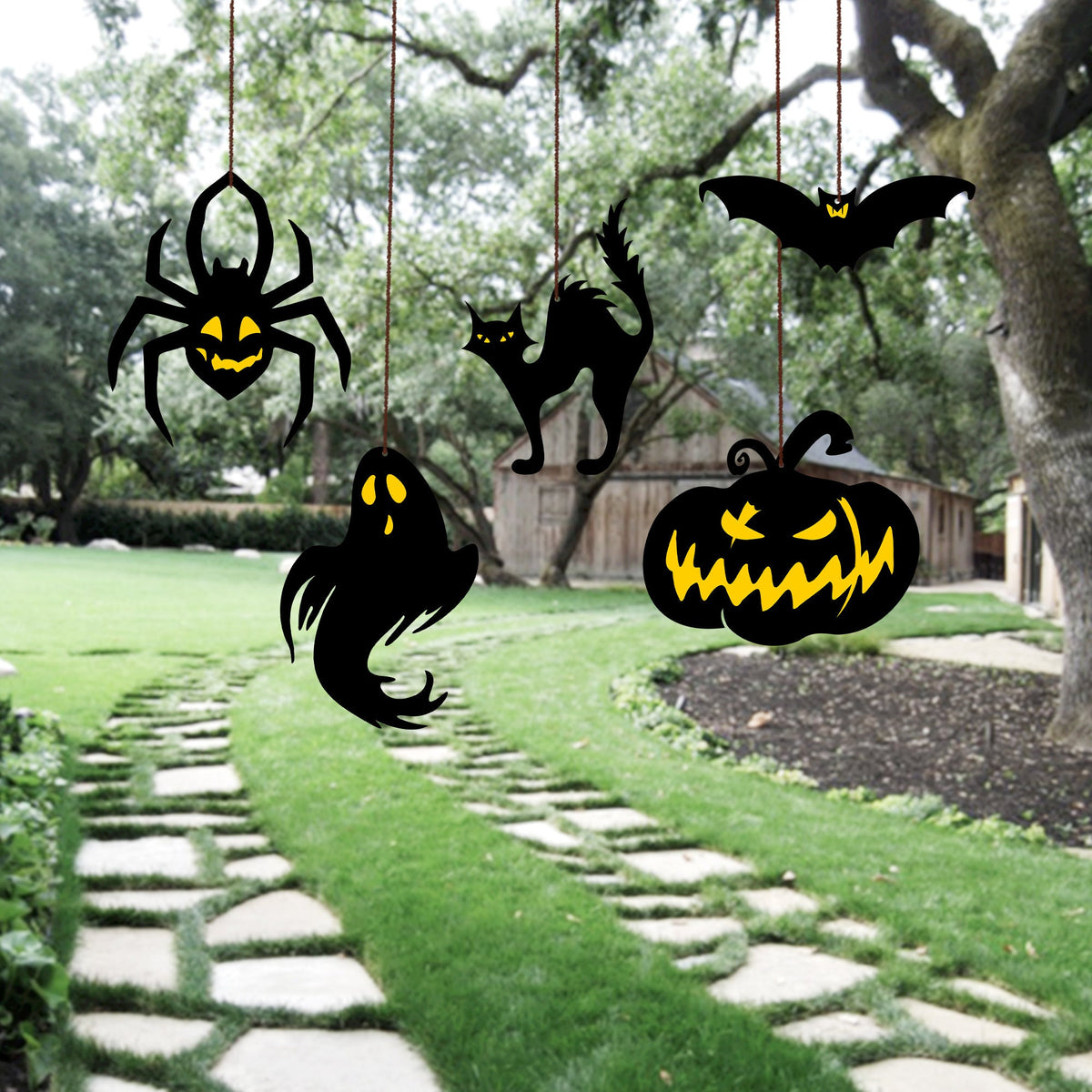 Halloween Hanging Ornaments, Spooky Polywood Decor, Set of 5