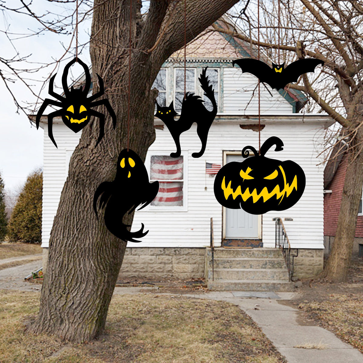 Halloween Hanging Ornaments, Spooky Polywood Decor, Set of 5