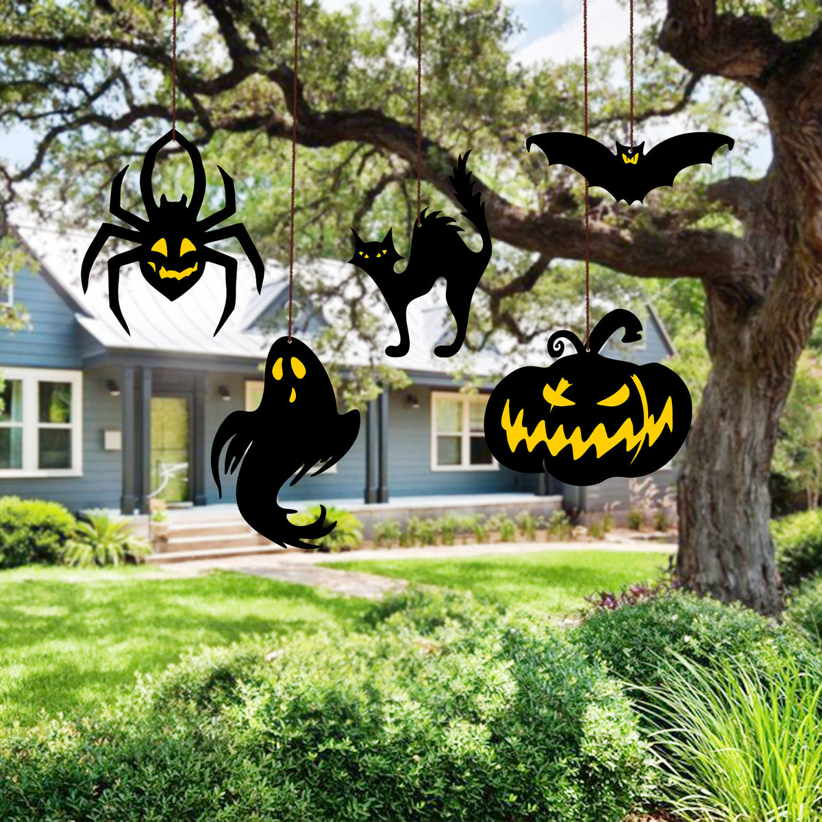 Halloween Hanging Ornaments, Spooky Polywood Decor, Set of 5