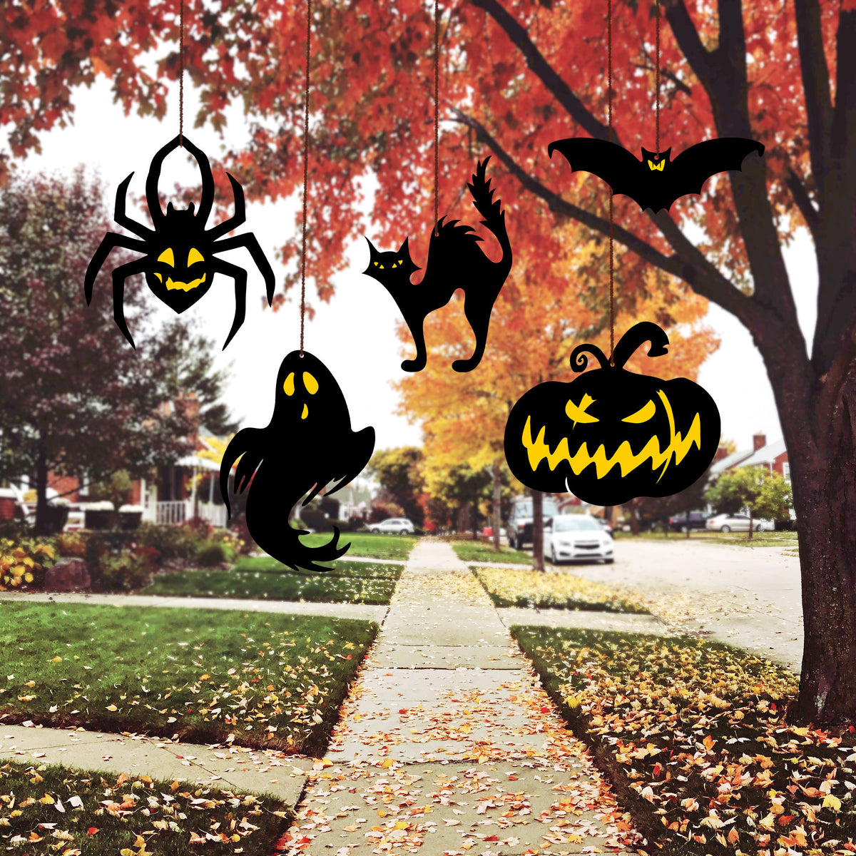 Halloween Hanging Ornaments, Spooky Polywood Decor, Set of 5
