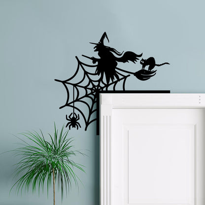 Witch Flying and Spiderweb Steel Door Corner Sign, Halloween Decor