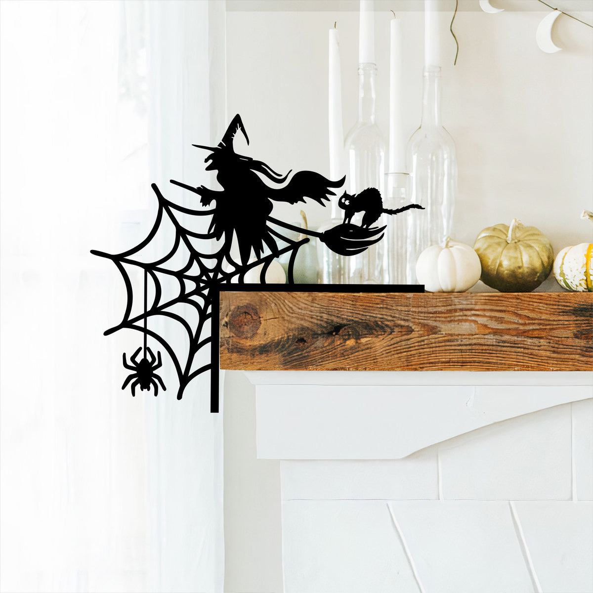 Witch Flying and Spiderweb Steel Door Corner Sign, Halloween Decor