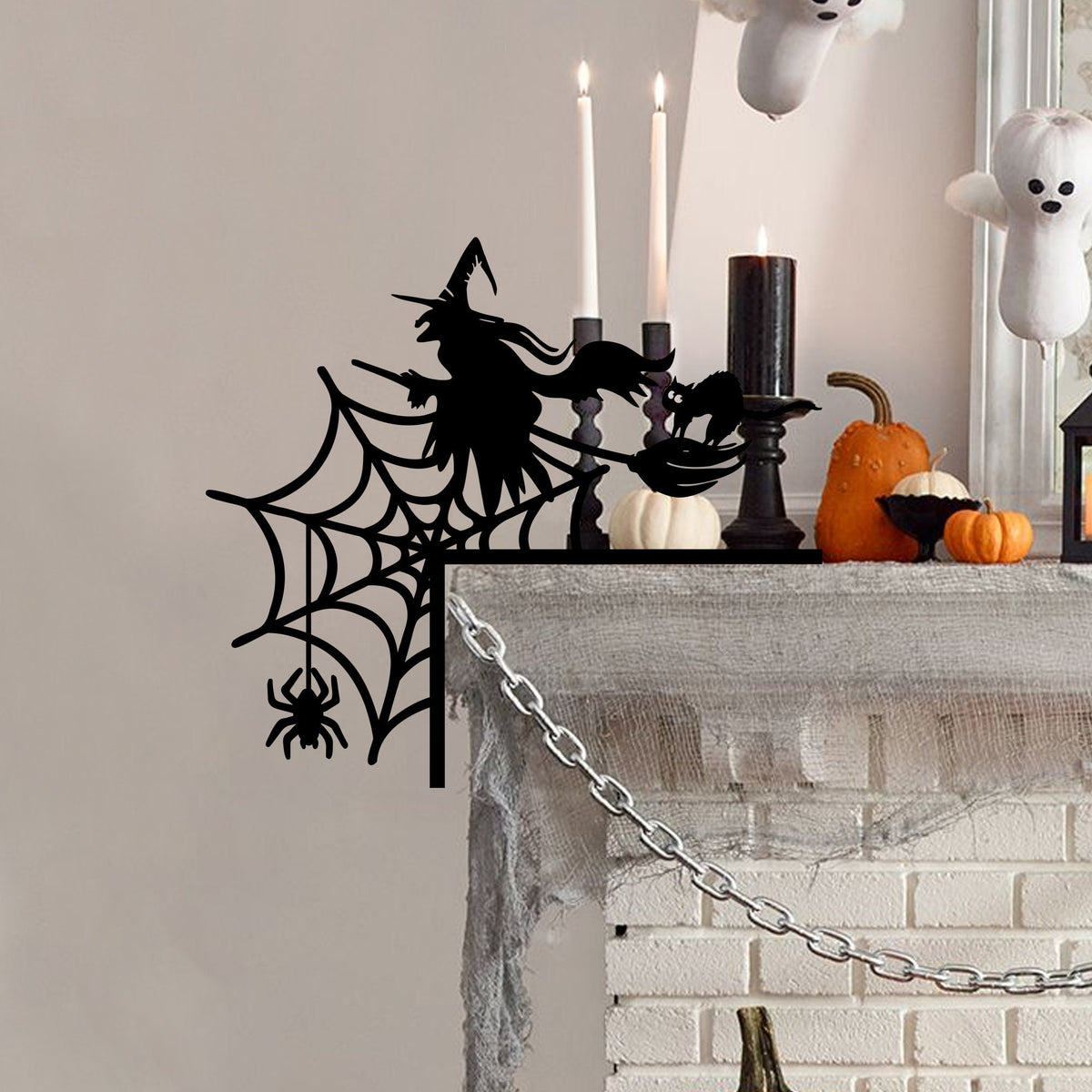 Witch Flying and Spiderweb Steel Door Corner Sign, Halloween Decor