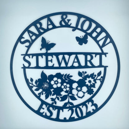 Personalized Floral Family Name Metal Sign, Wedding Anniversary Gift
