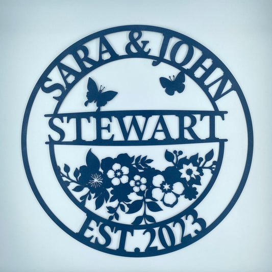 Personalized Floral Family Name Metal Sign, Wedding Anniversary Gift