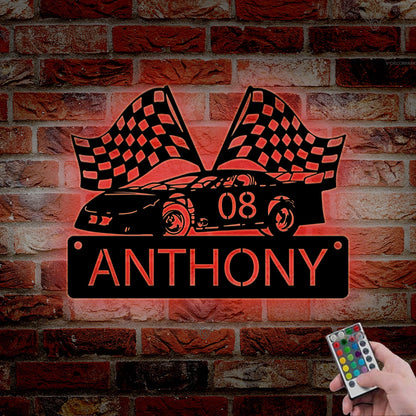 Custom Racing Car Metal Sign with LED lights, Race Car Sign, Sports Sign, Racing Car Metal Wall Art, Gift for Him, Garage sign