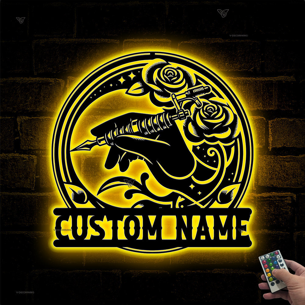 Custom Tattoo Machine Metal Sign with LED Light, Tattoo Artist Gift, Tattoo Shop Decor, Tattoo Studio Wall Decor, Ink Studio Name Sign