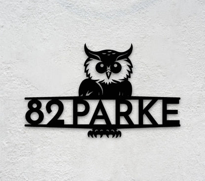 Custom Owl Metal Address Sign - Personalized Modern House Number Plaque, Unique Outdoor Wall Decor