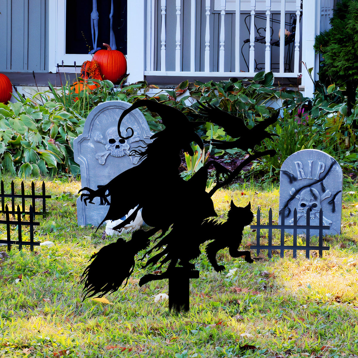 Witch with Cat and Crow Metal Garden Stake, Halloween Decor