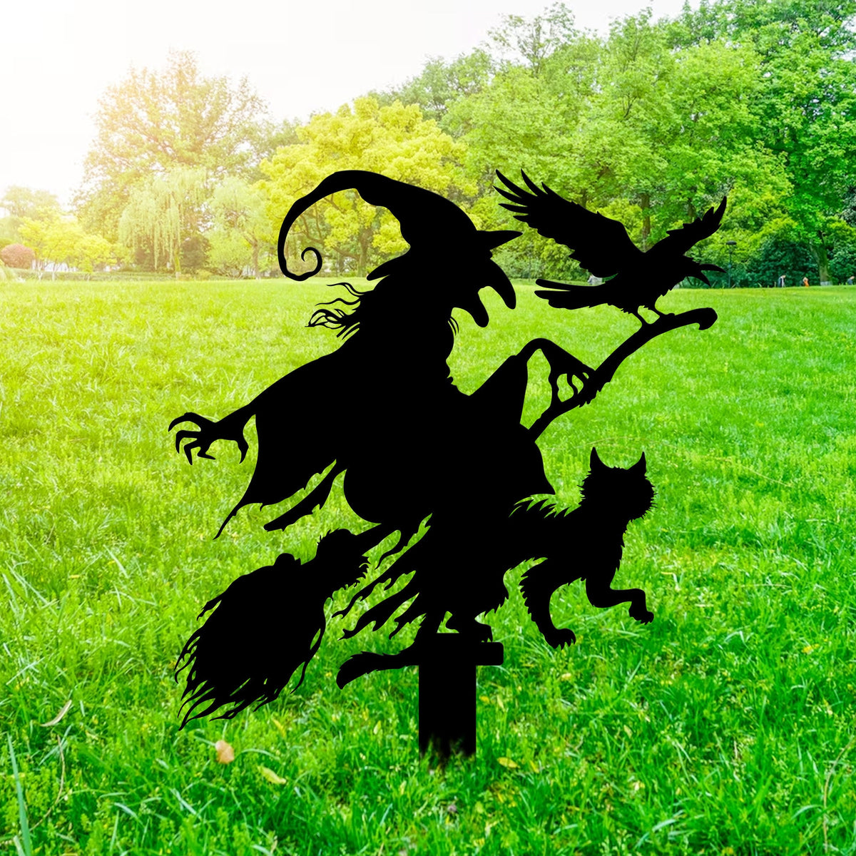 Witch with Cat and Crow Metal Garden Stake, Halloween Decor