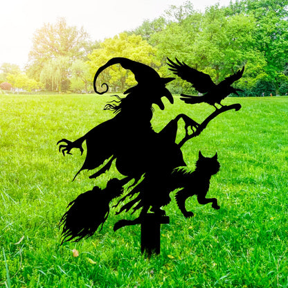 Witch with Cat and Crow Metal Garden Stake, Halloween Decor